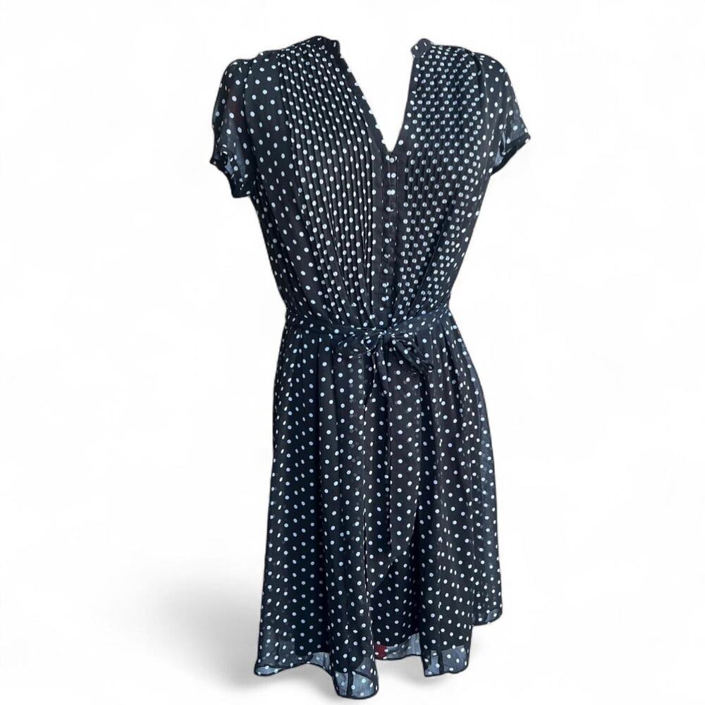 Black & White Polka Dot Midi Dress Sheer Keyhole Sleeves Removable Tie Size 14 - Picture 1 of 8
